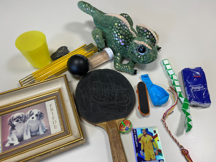 Auf dem Tisch liegen Tischtennischläger, ein Frosch, ein Spielzeugauto, ein Foto von Hundewelpen, Spielzeuge für die Finger