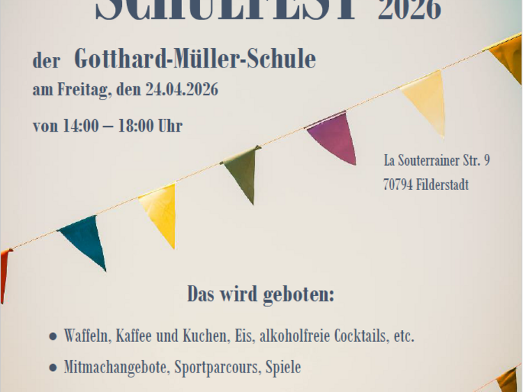 Plakat Einladung zum Schulfest 2026 mit Wimpelkette und Infos